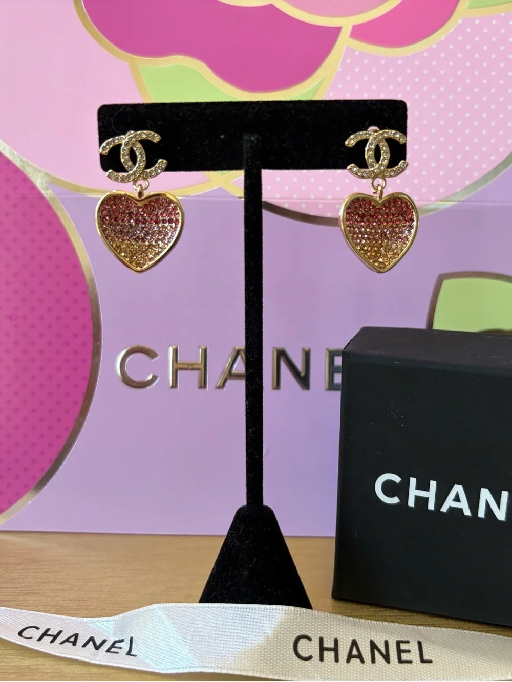 Chanel Gold and Pink Heart drop earrings